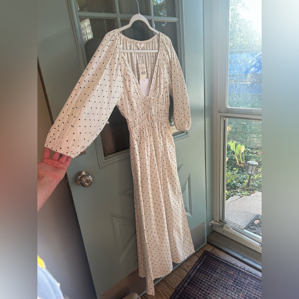 NWT WAYF Veronica Ivory Polka Dot White & Black Bow Tie Cotton Maxi Dress Small - Picture 3 of 14